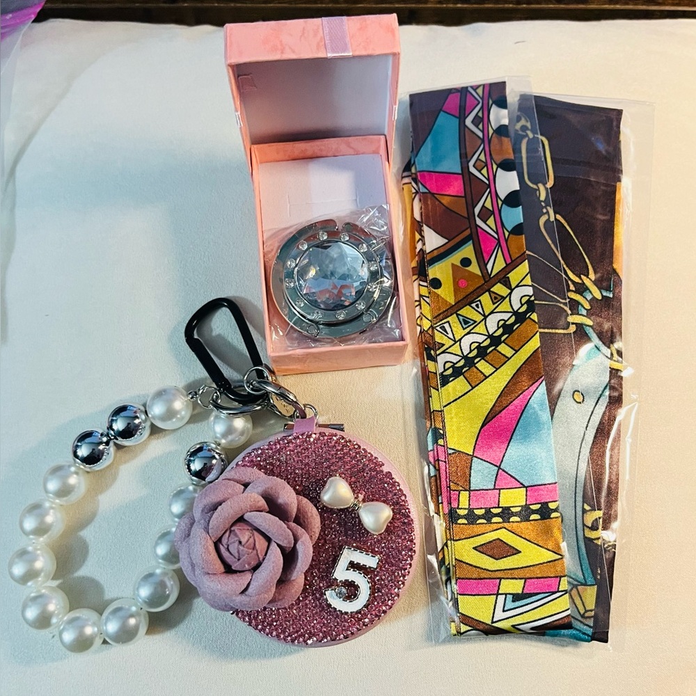 4 Piece Bag Accessories Bundle- Bag Hanger, 2 Bag Scarves and a Bag Charm
